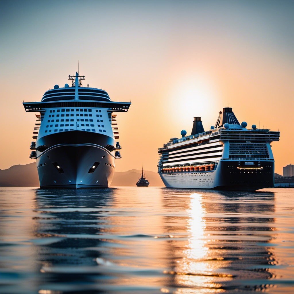 An image that showcases two majestic MSC Cruise ships, sailing side by side, against a backdrop of a breathtaking sunrise