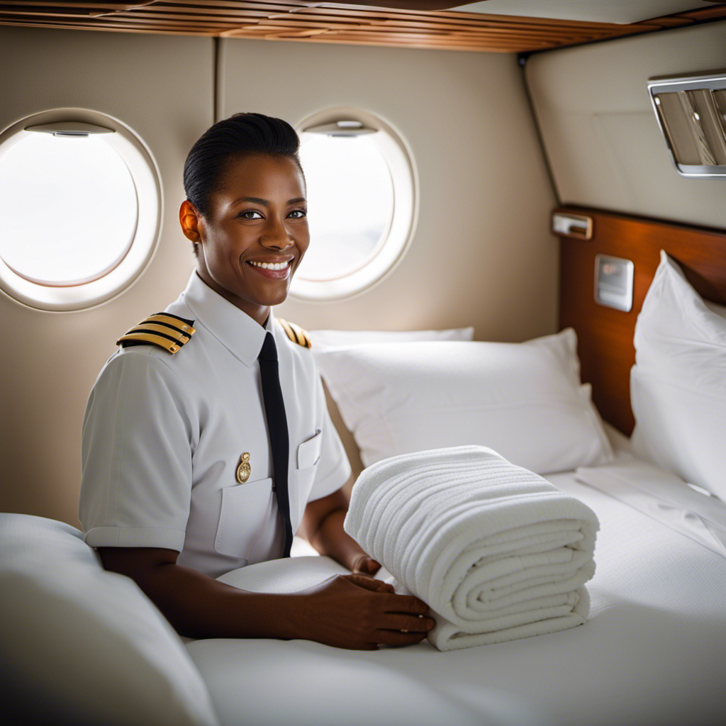 An image showcasing a cabin steward, clad in a crisp uniform, attentively arranging fresh towels with a warm smile, as a beaming passenger relaxes in a neatly made bed, their contentment evident