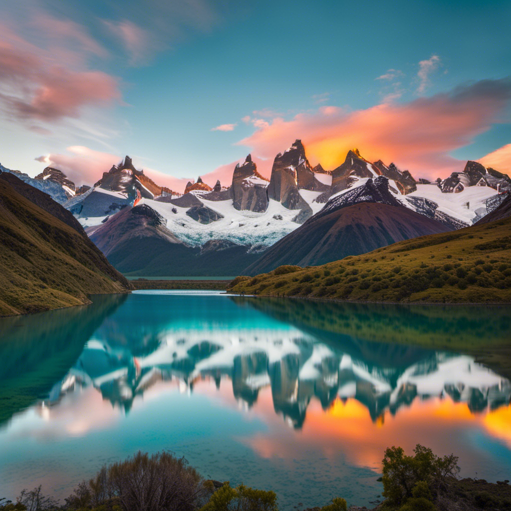 An image featuring a majestic snow-capped mountain range standing tall amidst lush green valleys, crystal-clear turquoise lakes reflecting the vibrant blue sky, and a colorful sunset painting the horizon, showcasing the untamed beauty of Patagonia