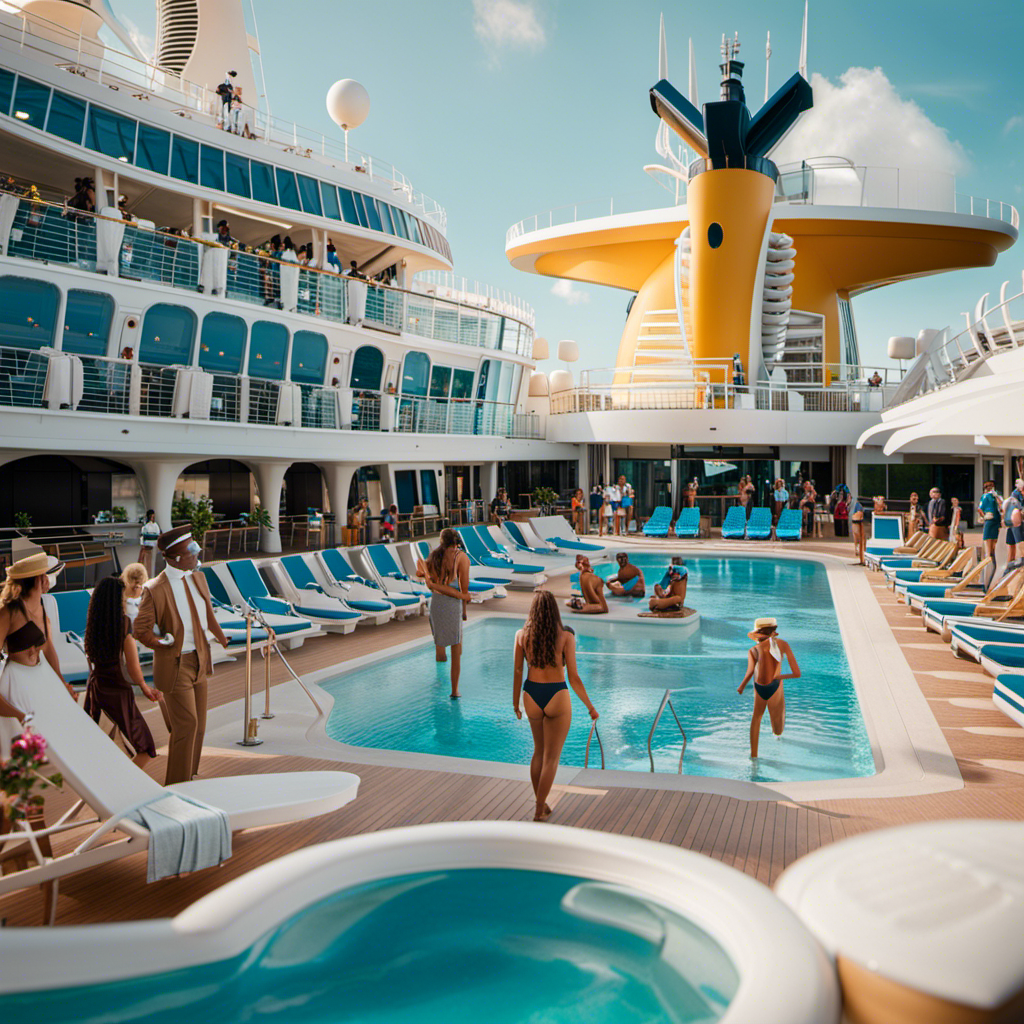 An image showcasing a luxurious Royal Caribbean cruise ship, with vaccinated passengers joyfully lounging by the pool, wearing face masks, while unvaccinated passengers are seen in a separate area, undergoing mandatory health screenings and wearing PPE