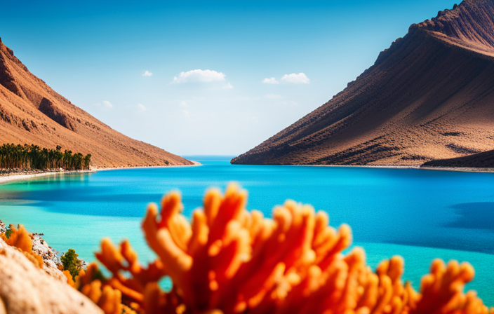 E showcasing the majestic Red Sea coastline, with a luxurious MSC cruise ship anchored in the crystal-clear turquoise waters, surrounded by vibrant coral reefs and a backdrop of stunning mountainous landscapes