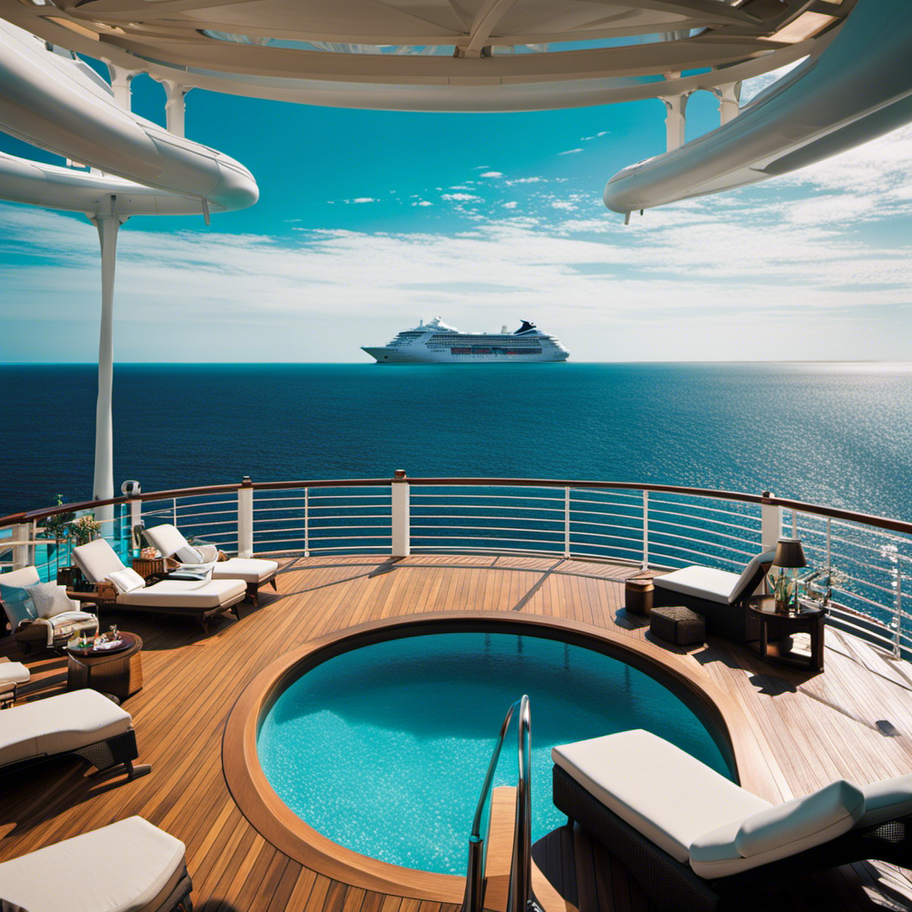 An image capturing the essence of Azamara's Exclusive World Voyage Experiences: a sun-kissed deck, adorned with elegant loungers and a sparkling infinity pool overlooking breathtaking landscapes, as the ship glides through turquoise waters towards exotic destinations