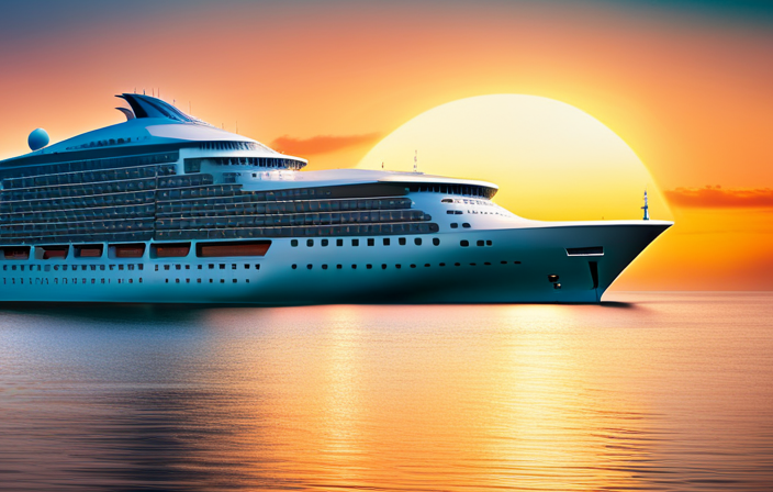 An image showcasing a luxurious cruise ship adorned in sleek, modern design, surrounded by crystal-clear turquoise waters