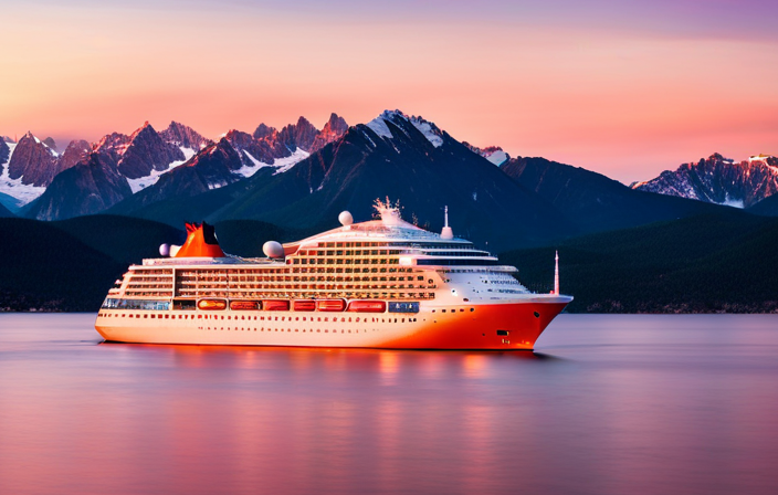 An image of a luxurious cruise ship gliding through pristine turquoise waters against a backdrop of towering snow-capped mountains, as a radiant sunset bathes the sky in hues of orange and pink