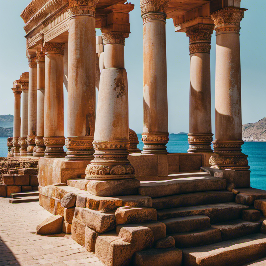 An image capturing the essence of Unveiling Explora II's Mediterranean, Middle East, India & Indian Ocean Itineraries: a sun-kissed coastline adorned with ancient ruins, vibrant bazaars, idyllic beaches, and luxurious yachts sailing across azure waters