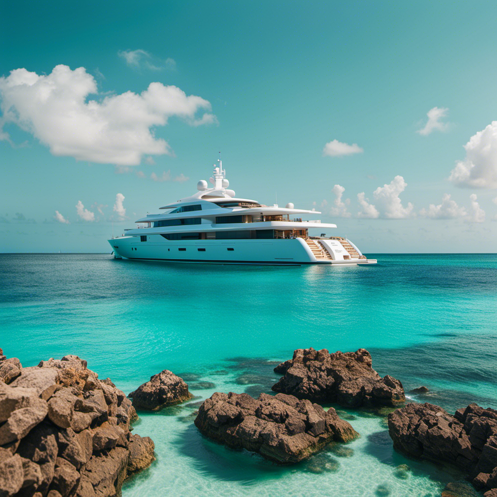 An image of a luxurious yacht sailing through crystal-clear turquoise waters, with the vibrant colors of the Caribbean islands in the background, and the iconic architecture of European cities peeking through the horizon