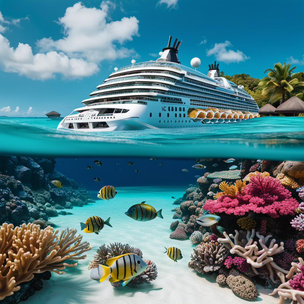 An image showcasing MSC Euribia's elegant cruise ship sailing through crystal-clear turquoise waters, surrounded by vibrant coral reefs teeming with exotic marine life