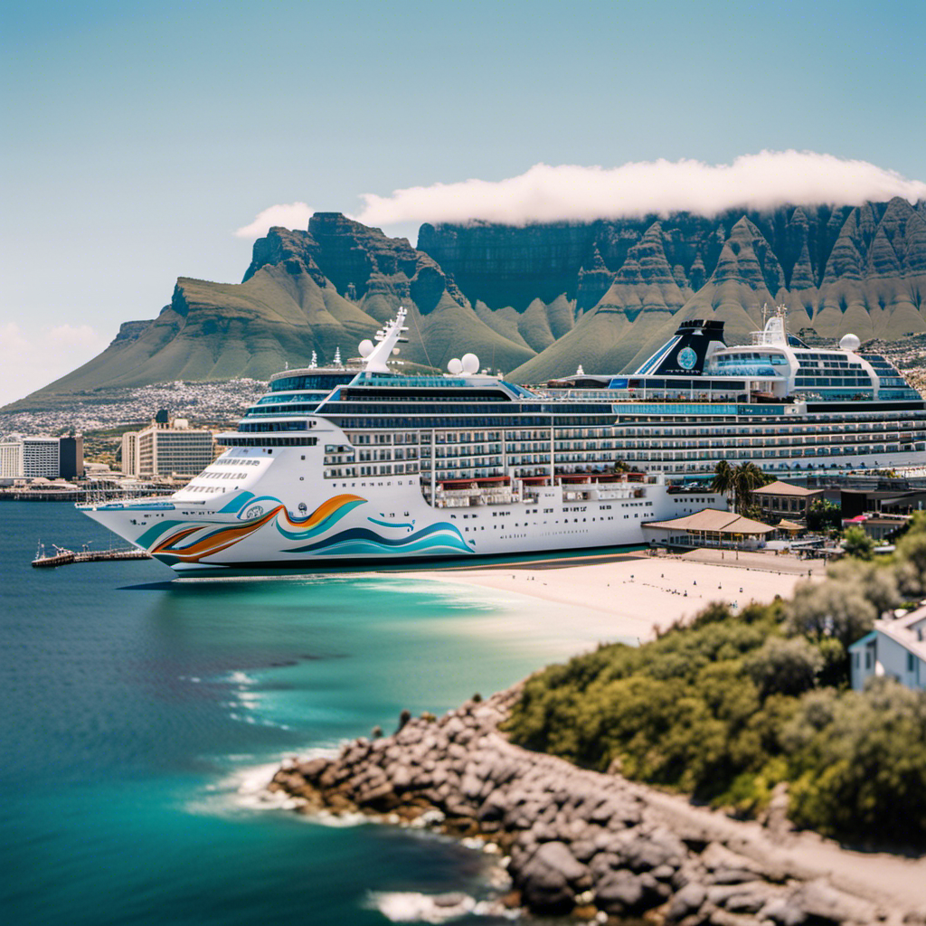 the essence of Norwegian Cruise Line's South African Adventure through an image that showcases the stunning Table Mountain towering over the vibrant city of Cape Town, with a backdrop of the azure Atlantic Ocean