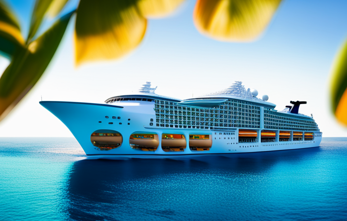 E the essence of Royal Caribbean's exhilarating Caribbean cruises on the image of a majestic, multi-decked cruise ship gliding through turquoise waters, surrounded by vibrant tropical islands dotted with palm trees and cascading waterfalls