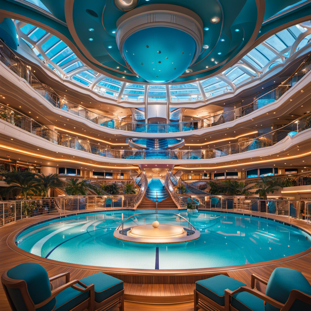 An image showcasing the grandeur of Royal Caribbean's Icon of the Seas, featuring a mesmerizing Aqua Theater, blissful Solarium, delightful open decks, spacious cabins, and a prominent sphere