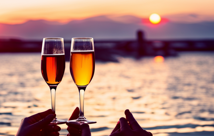 An image capturing the essence of adult-only cruises: a serene infinity pool overlooking the vast ocean, adorned with elegantly dressed couples clinking champagne glasses, basking in the golden hues of sunset