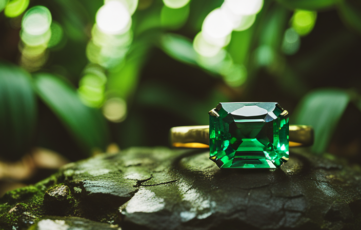 An image showcasing the mesmerizing allure of Colombian emeralds: A radiant, deep-green gemstone glistening under soft sunlight, nestled amidst lush rainforest foliage, a testament to Colombia's natural treasures