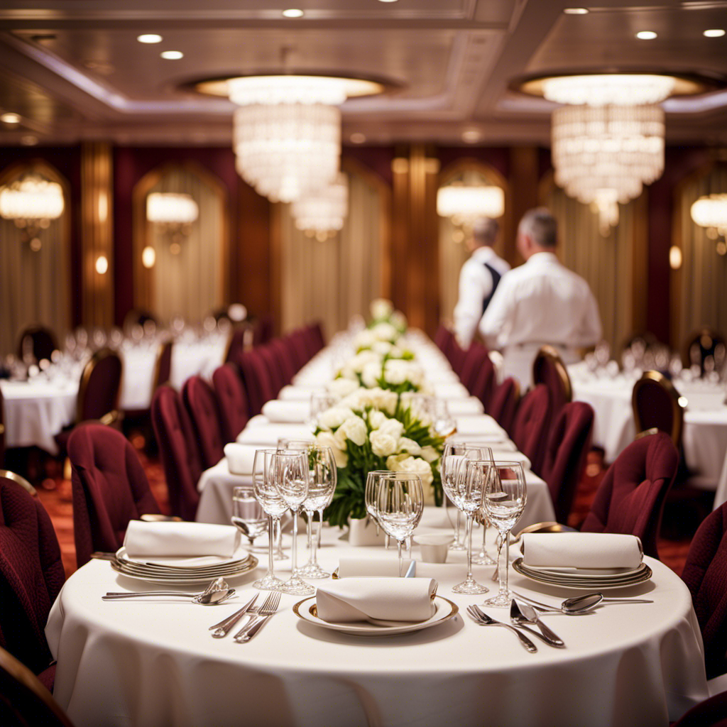 An image showcasing a cruise ship's elegant dining room, filled with tables adorned with sparkling cutlery and folded napkins, while waitstaff in crisp uniforms serve guests, inviting intrigue and curiosity about the contentious topic of prepaid gratuities
