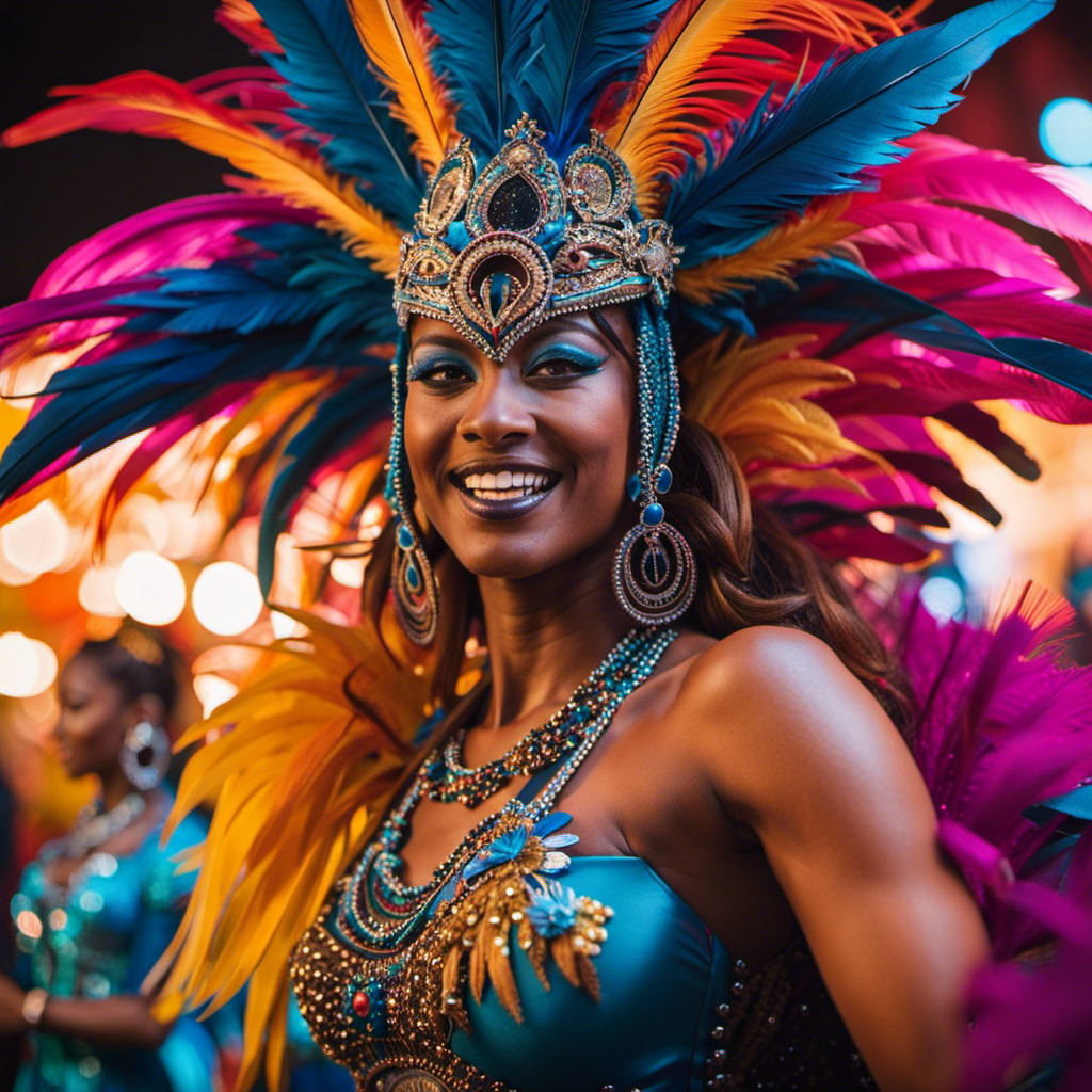 An image capturing the vibrant essence of Carnival: a kaleidoscope of flamboyant feathered costumes, shimmering sequins, and energetic dancers immersed in a sea of pulsating music, revealing the captivating allure and mystery of this age-old celebration