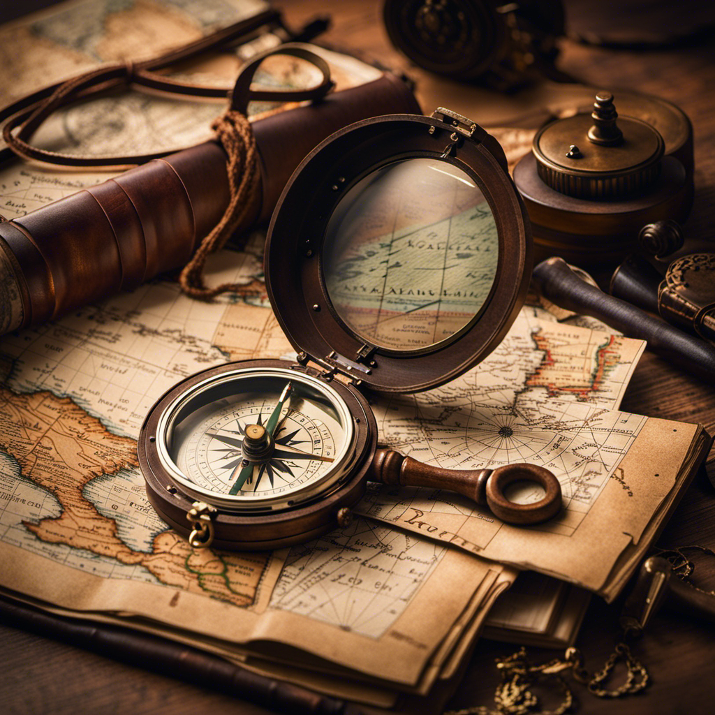 An image showcasing a weathered compass resting on aged parchment, surrounded by antique maps, a magnifying glass, and a collection of aged travel journals, evoking the spirit of exploration and the allure of uncovering the secrets of the Majestic Heritage Adventurer