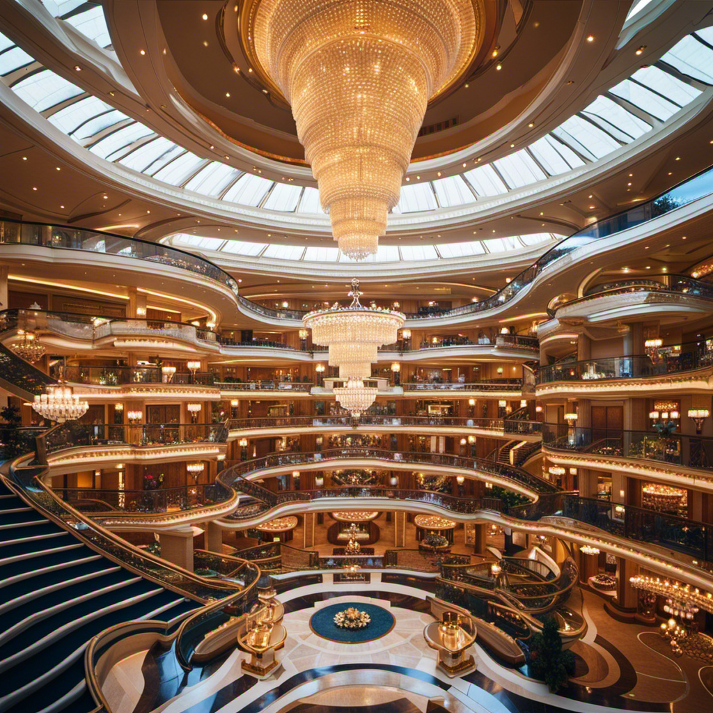 An image showcasing a panoramic view of a luxurious cruise ship's grand atrium, adorned with shimmering chandeliers, sweeping staircases, and polished marble floors, inviting readers to uncover the hidden wonders of these floating palaces