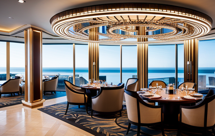 An image capturing the ethereal elegance of Oceania Cruises Marina, showcasing its opulent interiors adorned with shimmering chandeliers, plush furnishings, and panoramic views of the vast ocean expanse