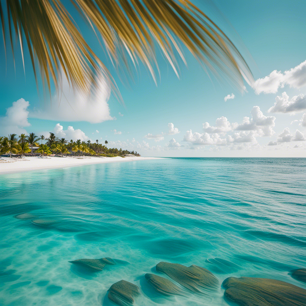 An image capturing the ethereal beauty of Ocean Cay, Bahamas: turquoise waters gently caressing pristine white sand beaches, vibrant coral reefs teeming with life, and palm trees swaying under a clear blue sky