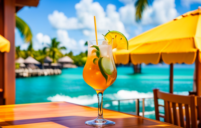 the essence of the Ultimate Margaritaville Experience at Sea in a vibrant image: A sun-kissed deck, adorned with palm trees, colorful cabanas, and a cascading waterfall bar overlooking crystal-clear turquoise waters