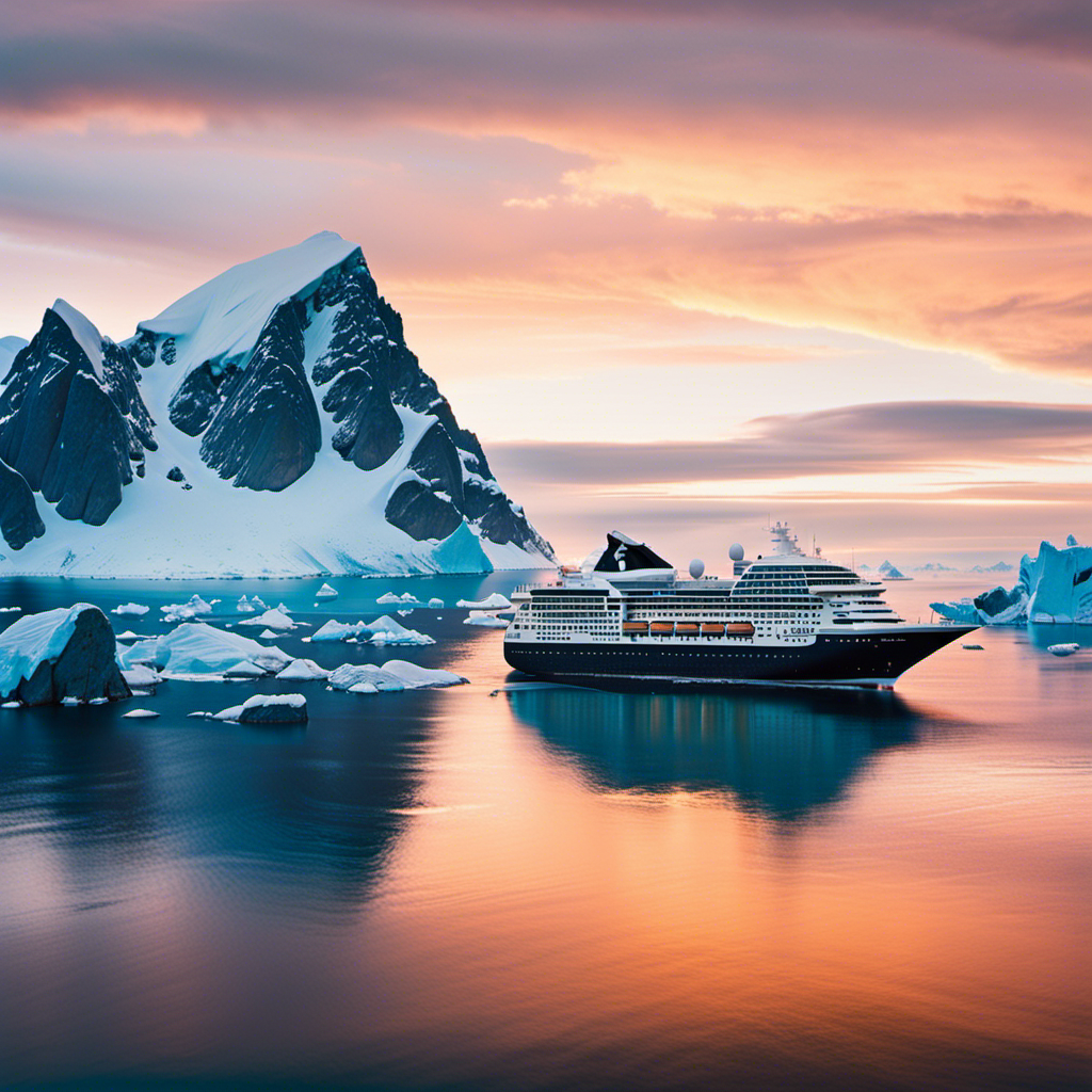 An image showcasing a luxurious cruise ship sailing through a breathtaking panorama of diverse landscapes, from the towering snowy peaks of Antarctica to the vibrant tropical rainforests of South America, capturing the essence of an extraordinary voyage across all seven continents