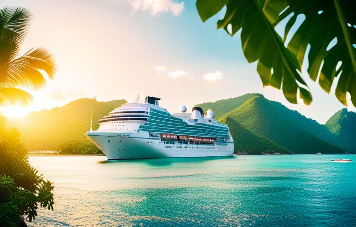 An image capturing the Maasdam cruise ship gliding gracefully through turquoise waters, surrounded by lush tropical islands