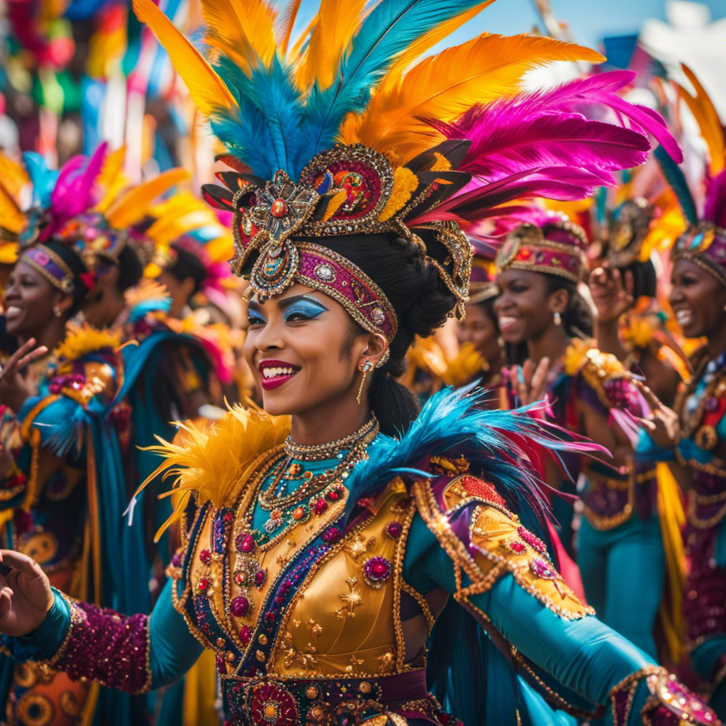 the essence of the vibrant Carnival Festivale experience: A kaleidoscope of vivid colors and intricate feathered costumes, dancers moving gracefully to the pulsating rhythms of drums, amid a sea of jubilant crowds and glittering confetti