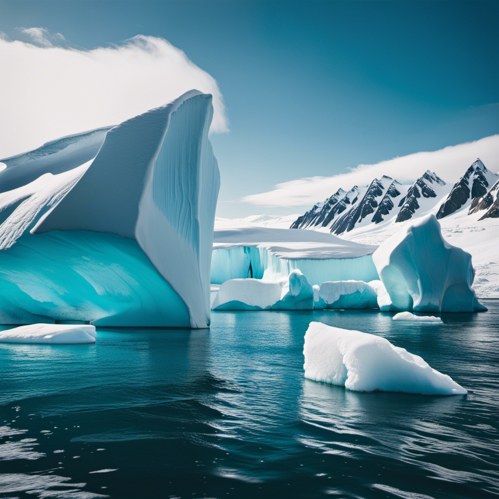 An image capturing the ethereal beauty of Antarctica: pristine icebergs towering over crystal-clear turquoise waters, surrounded by majestic snow-capped mountains, showcasing the delicate balance of nature in this sustainable wonderland