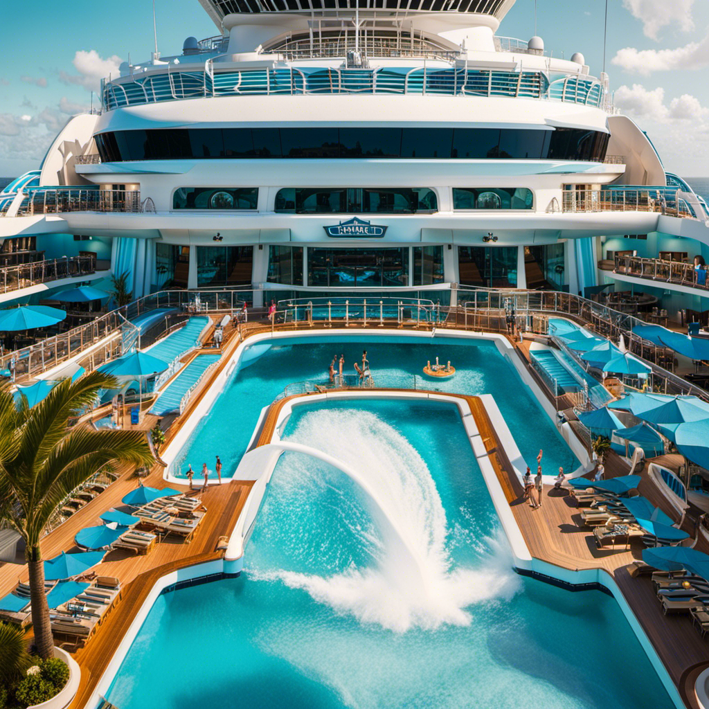 the awe-inspiring grandeur of Wonder of the Seas: a colossal cruise ship gliding through crystal-clear turquoise waters, adorned with luxurious balconies, vibrant pools, and a towering waterslide, promising an unforgettable voyage
