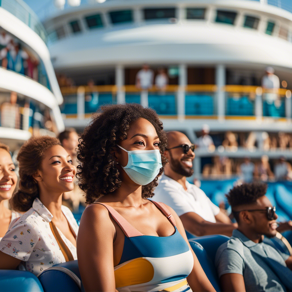 An image that showcases a diverse group of happy passengers on a Royal Caribbean ship, basking in the sun, while leisurely enjoying activities, with masks tucked away, symbolizing the updated mask rules and declining COVID-19 cases
