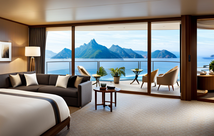 An image of a luxurious, spacious suite on an Azamara Club Cruise ship, featuring a plush king-sized bed adorned with soft, crisp linens, a private balcony offering breathtaking ocean views, and elegant decor exuding comfort and sophistication