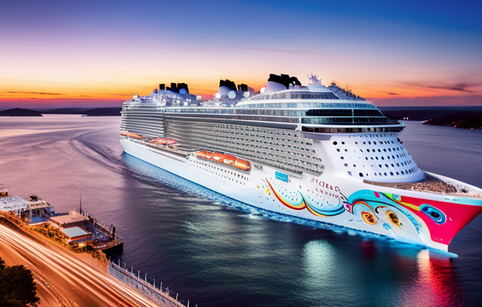 An image showcasing the Norwegian Breakaway's sleek, modern exterior, adorned with vibrant, eye-catching LED lights illuminating the ship's deck, while passengers enjoy luxurious lounges, exhilarating water slides, and world-class dining options