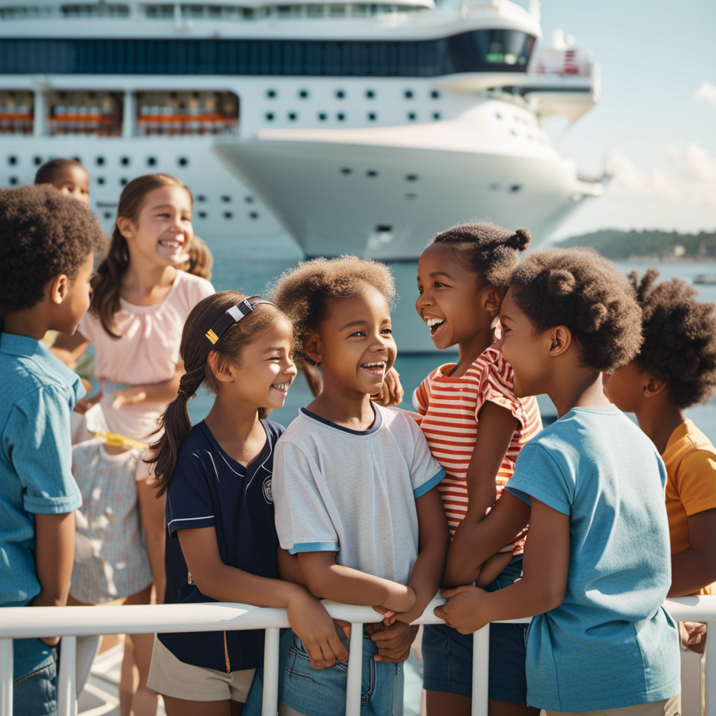 An image depicting a serene cruise ship setting with a diverse group of happy children engaged in various onboard activities, highlighting their vaccination status through visible badges or stickers on their clothing