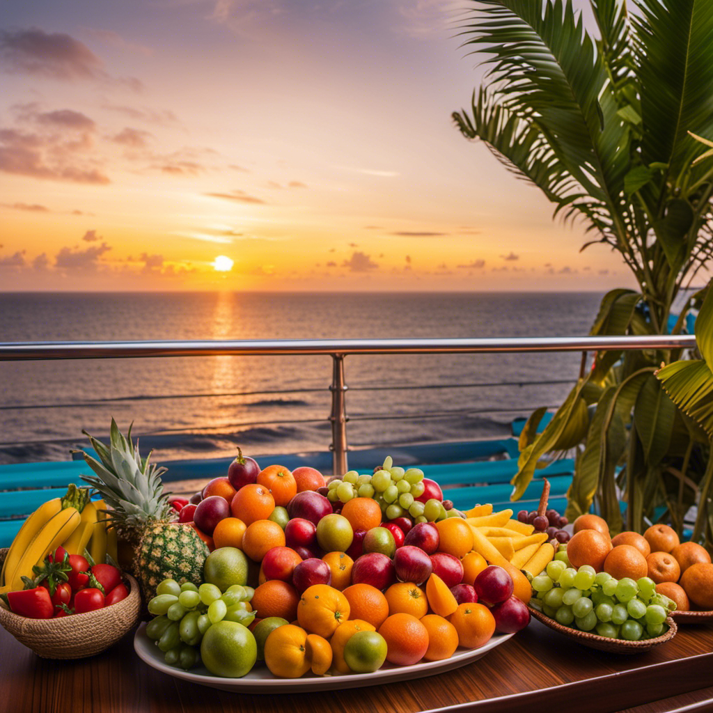 An image showcasing a serene Caribbean seascape at sunset, with a luxurious cruise ship adorned with vibrant tropical fruits, fresh vegetables, and exotic spices