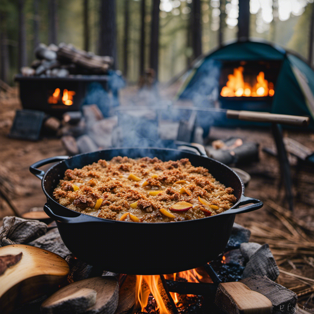 An image showcasing a steaming Dutch oven filled with mouthwatering apple crisp, its golden crumbly topping perfectly caramelized, surrounded by a rustic campfire setting with flickering flames and cozy camping gear
