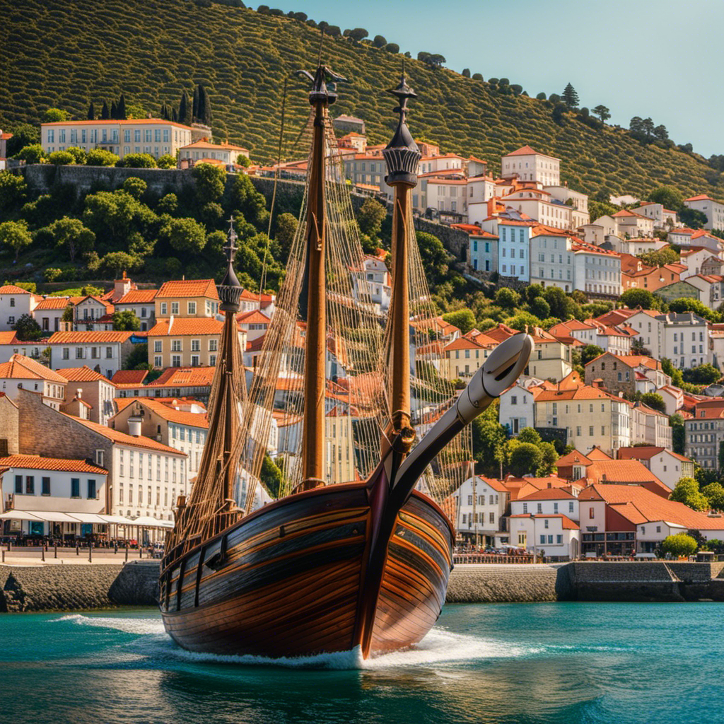 An image showcasing the majestic Viking ship gliding through crystal-clear Caribbean waters, passing vibrant tropical islands, quaint Russian riverside villages, and the picturesque landscapes of Douro and Lisbon