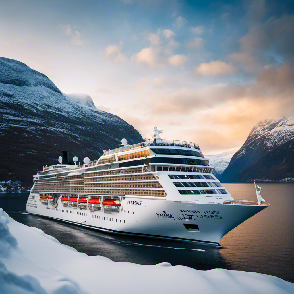 An image that showcases the breathtaking elegance of Viking Cruises: a sun-kissed, opulent ship sailing through the majestic Norwegian fjords, surrounded by snow-capped mountains, as guests relax on the spacious decks, savoring the ultimate luxury travel experience
