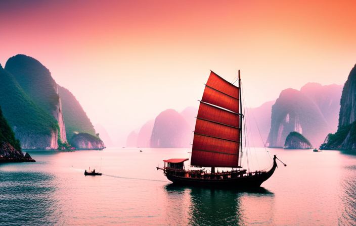 An image capturing the grandeur of a Viking ship sailing along China's picturesque coast, surrounded by mist-kissed mountains, ancient fishing villages, and vibrant harbors bustling with Chinese merchants