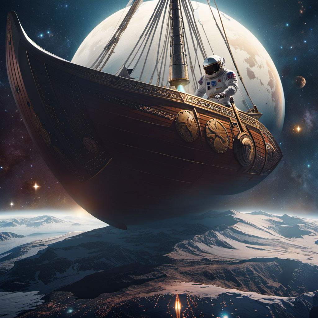 An image showcasing an imposing Viking longship sailing through the vastness of space, adorned with NASA's emblem, as a suited astronaut gazes out of its window towards the unknown