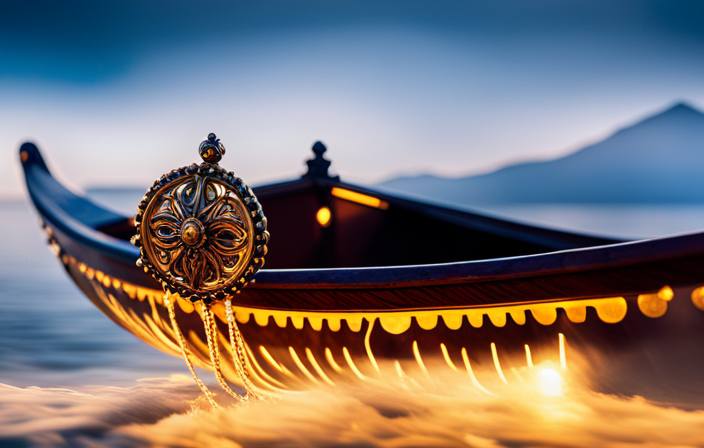 the ethereal moment of Viking Neptune's Naming Ceremony: an exquisitely adorned Viking longship, bathed in golden sunlight, as a Norse goddess gently scatters petals into the azure sea, invoking blessings for safe and prosperous voyages