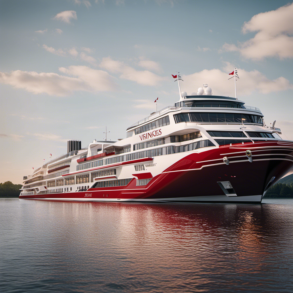 An image showcasing the majestic Viking River Cruises fleet expansion, capturing the intricate details of a newly launched ship gliding gracefully through a serene river, adorned with its signature red and white exterior