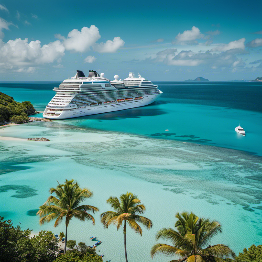 An image showcasing the Viking Star sailing through crystal-clear turquoise waters, surrounded by lush tropical islands and vibrant coral reefs, as it embarks on its inaugural voyage to North America and the Caribbean