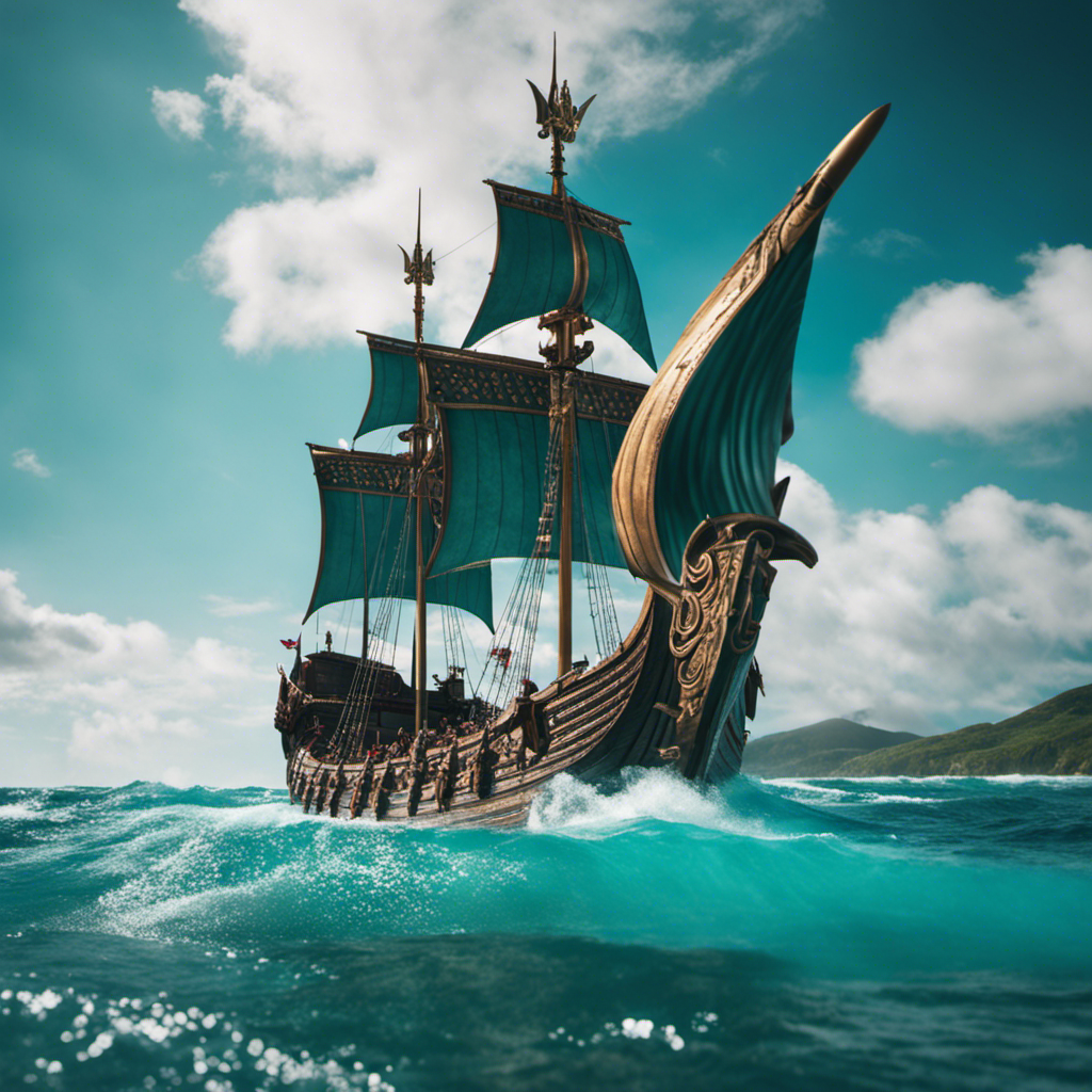 An image showcasing Viking's remarkable new adventure ships, elegantly gliding through vast turquoise waters, adorned with fierce dragon-headed prows, their sails billowing in the wind, as they embark on a daring journey into uncharted frontiers