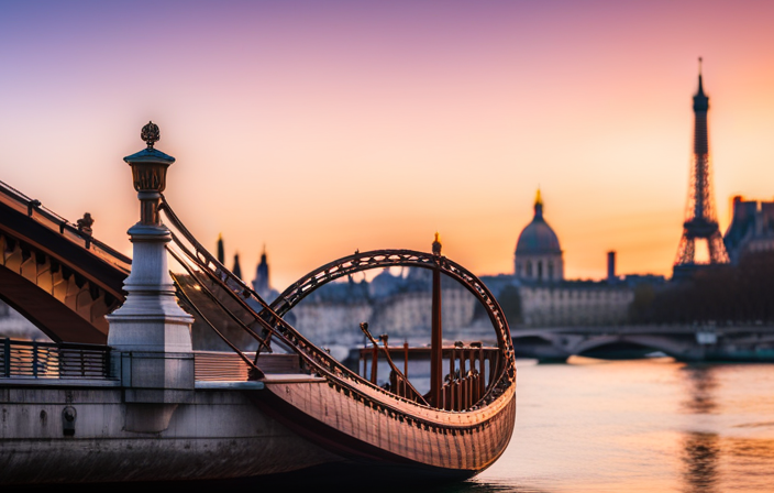 An image capturing the serenity of the River Seine, as a Viking longship glides past the historic Pont Neuf in Paris, while the Eiffel Tower stands proudly in the background