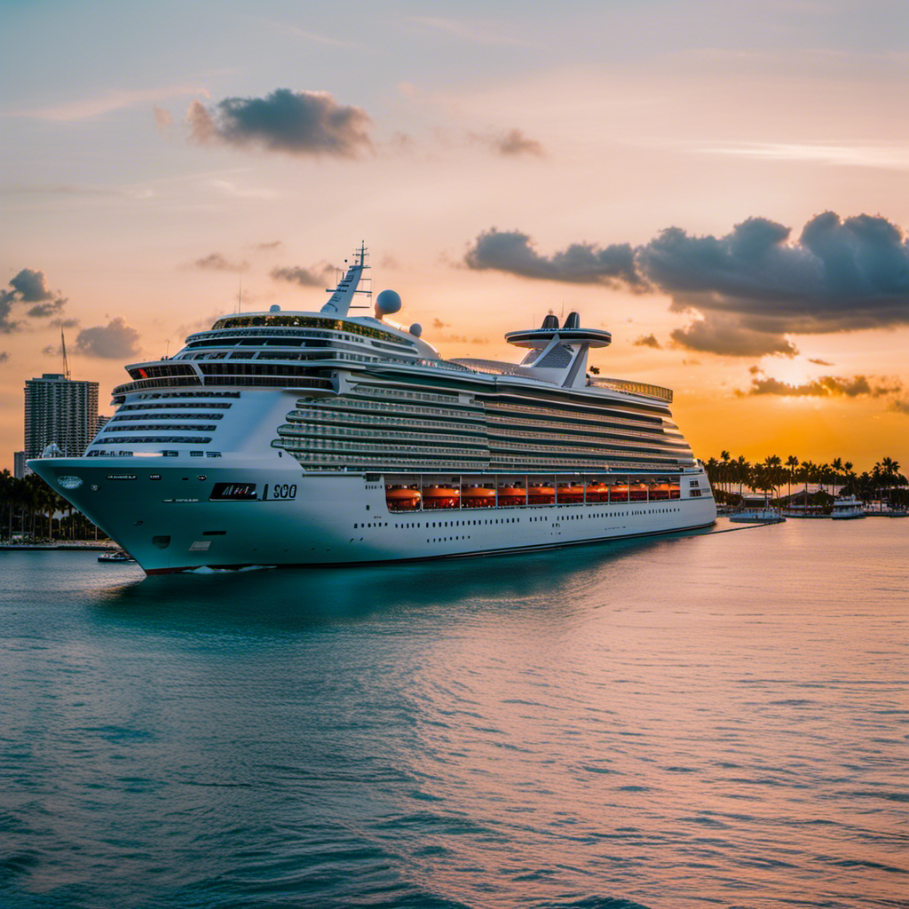 a vibrant, picturesque Miami seascape at sunset, adorned with Virgin Cruises' luxurious ship, showcasing its sleek design, inviting pools, and elegant outdoor lounges, promising an unforgettable and intimate vacation experience