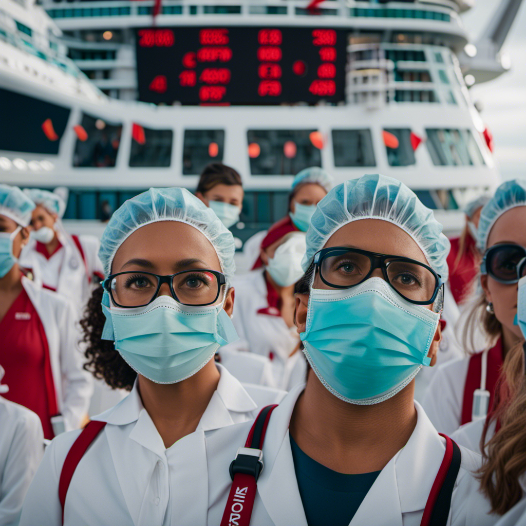 An image showcasing a cruise ship adorned with caution signs and medical personnel wearing masks, symbolizing Virgin Voyages' response to the Omicron variant