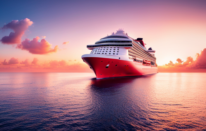 an engaging image showcasing the stunning Virgin Voyages cruise ship sailing towards a breathtaking sunset, hinting at the excitement and anticipation of the newly announced one-way world cruises for 2023-2024