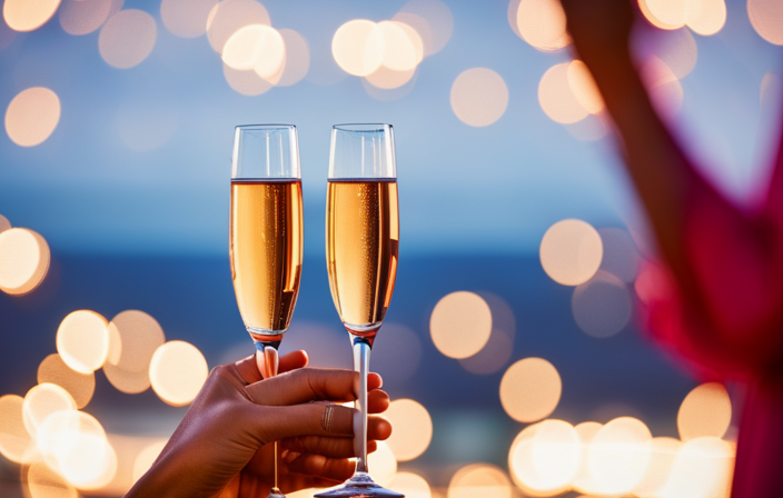 An image showcasing Virgin Voyages' Champagne Campaign: A lavish display of opulence and extravagance, with crystal-clear flutes brimming with effervescent champagne, adorned with golden bubbles dancing in the air