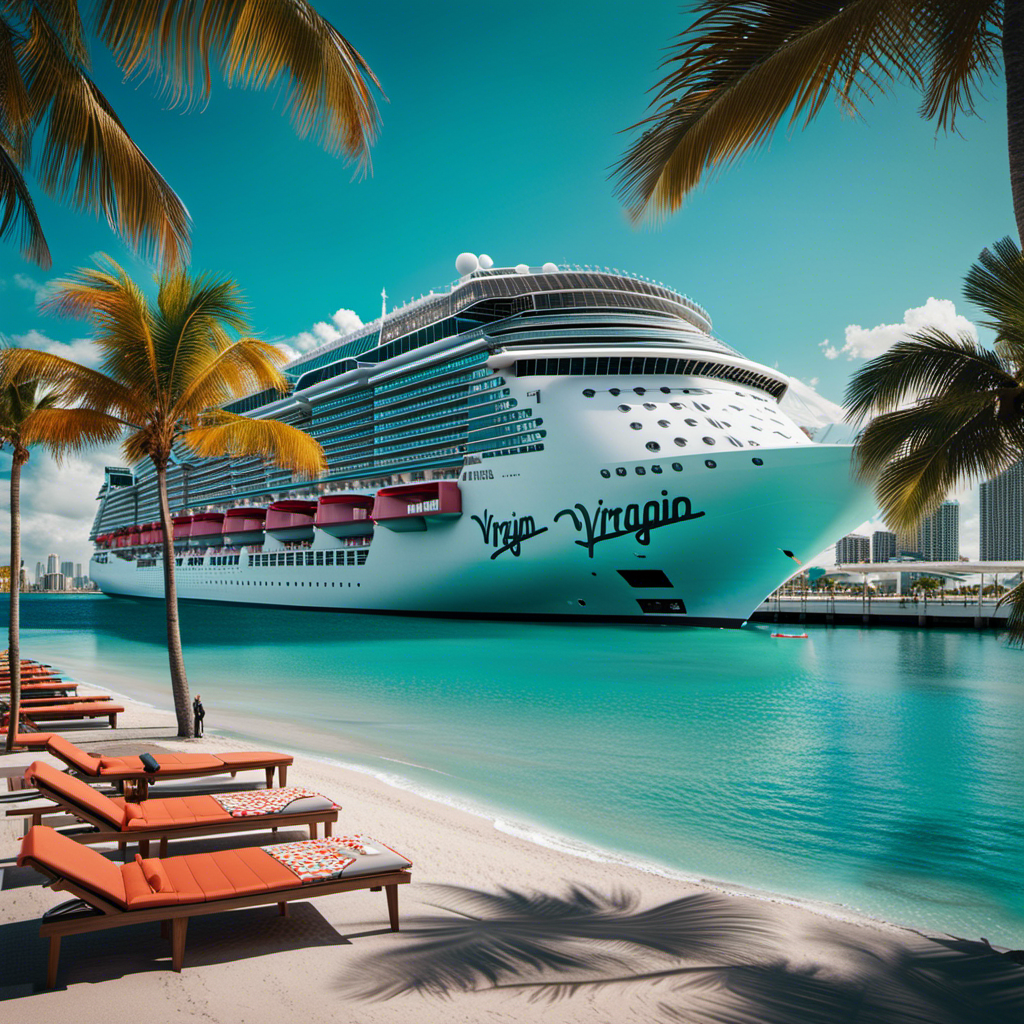 An image showcasing the vibrant ambiance of Virgin Voyages' Miami debut: a sleek, modern cruise ship docked against a backdrop of turquoise waters, palm trees, and a bustling city skyline