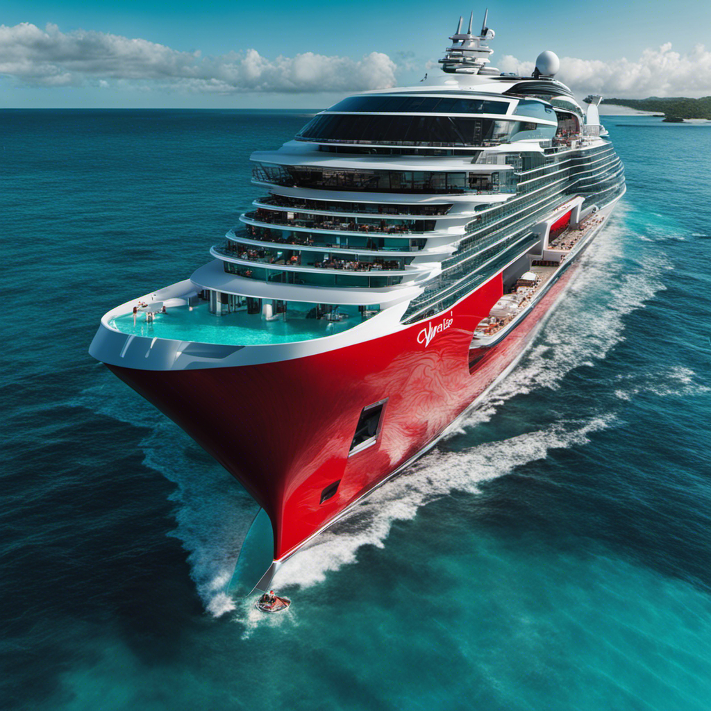 An image capturing the awe-inspiring sight of a Virgin Voyages ship gliding through crystal-clear turquoise waters, with passengers immersed in the underwater world, effortlessly connected to the internet through cutting-edge underwater Wi-Fi technology