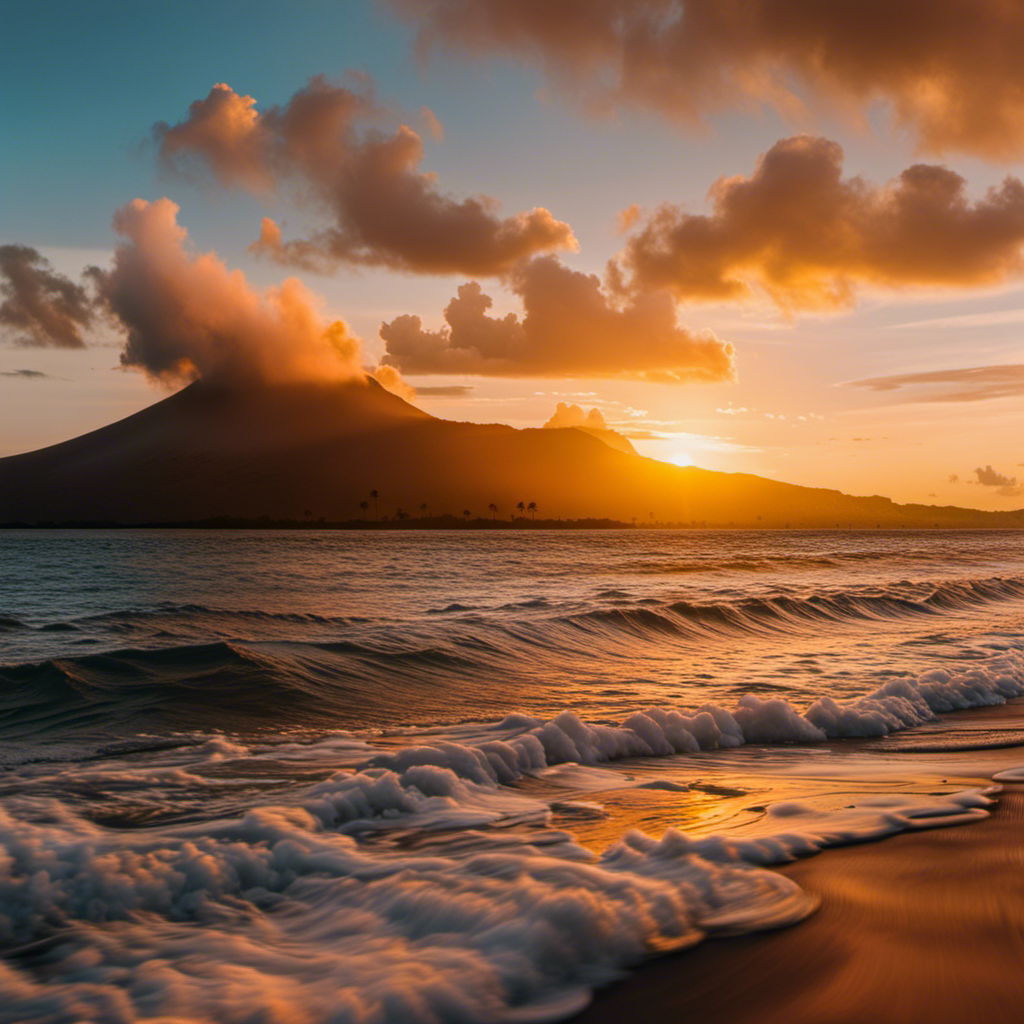 An image showcasing a serene Hawaiian beach, bordered by lush palm trees and bathed in a golden sunset glow